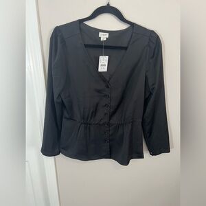 J. Crew Black V-Neck Button-Up Blouse